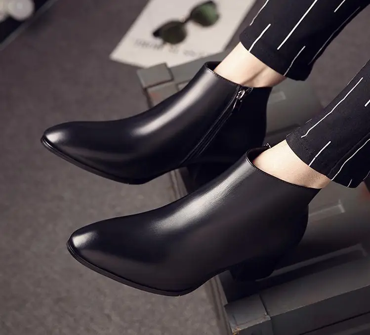 Autumn Winter Genuine Leather Ankle Boots Men High Heel Business Work Dress boots Shoe Fashion Pointed Toe Height Increase Boots