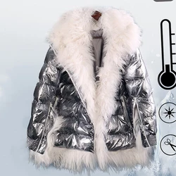 Piumino invernale donna cappotto in vera lana imbottito parka argento Mongolia pelliccia di pecora piumino d'anatra spesso caldo Streetwear