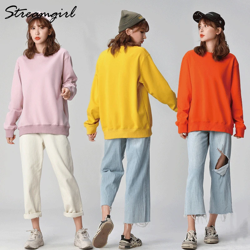 Oversize Sweatshirt Women Pullover Spring Autumn Solid Yellow Women Sweatshirt Cotton Thin Sweatshirts Ladies 2022