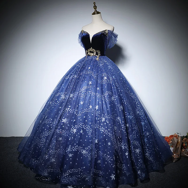 navy/black stars beading Quinceanera ball gown long dress vintage medieval Renaissance princess Victoria/party