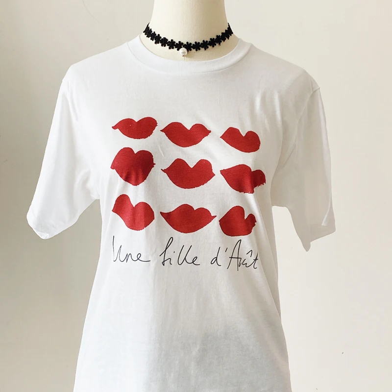 Red Lips Short Sleeve T-shirt Women\'s Summer Cotton Loose Letter White Top