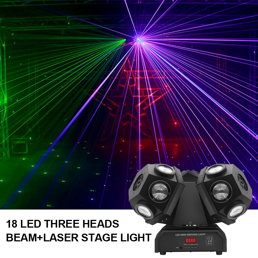 LED three-head beam moving head light laser stage lighting projector 18x10w RGBW 4IN1 DMX512 DJ disco Christmas party light