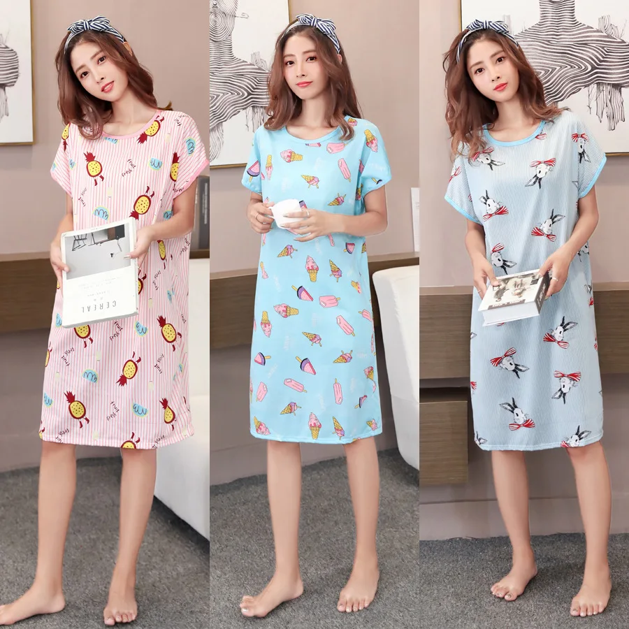 

Casual nightdress female summer cotton short sleeve sweet fresh pajamas female cute cartoon loose home service thin section