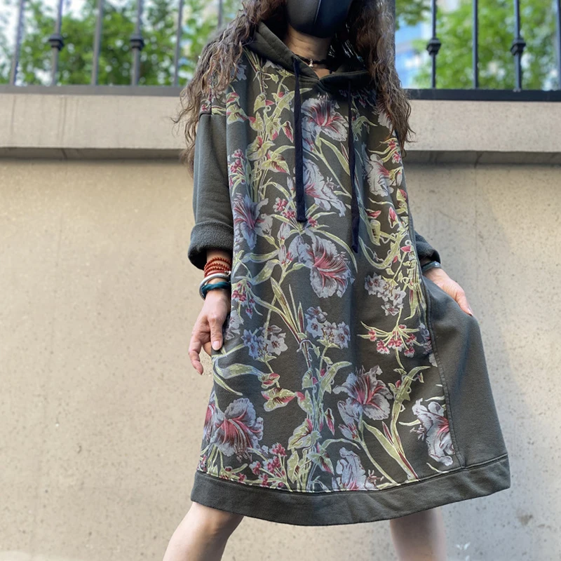 Max LuLu Autumn 2021 Vintage Printed Hooded Dress Women Casual Loose Vestidos Female Harajuku Floral Punk Fitness Long Clothes