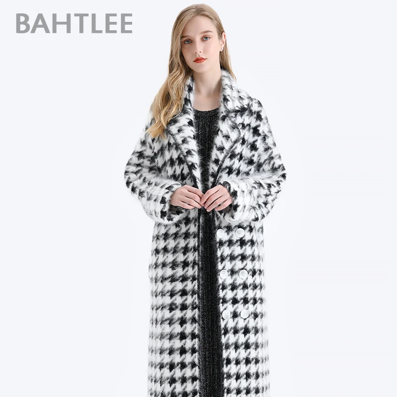 BAHTLEE-Women\'s Angora Long Coat, Houndstooth Pattern Sweater, Wool Knitted Cardigans, Turn Down Collar, Long Sleeves, Winter