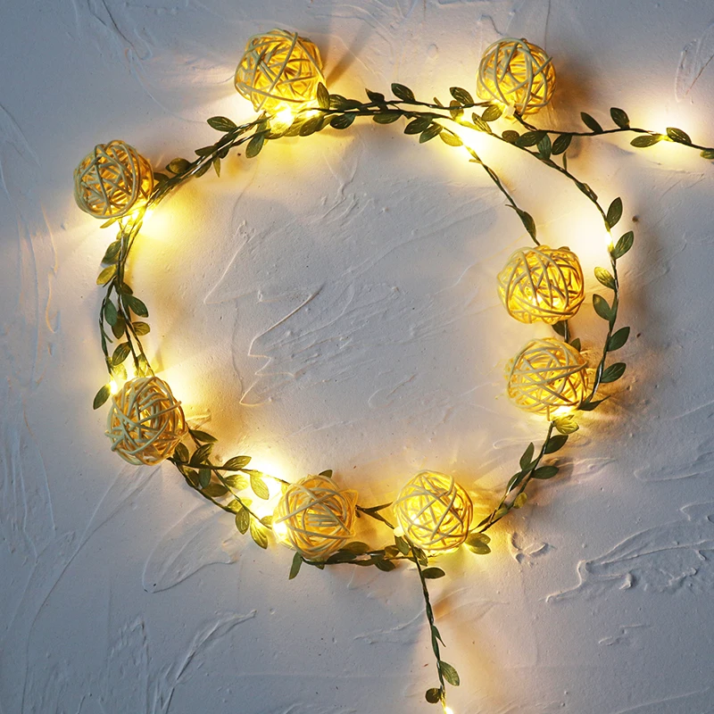 tiny leaves garland fairy Lights with Rattan balls Battery Operated for Wedding party Christmas Home Table Decoration