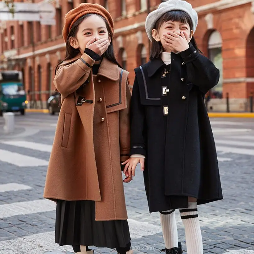 

Brand Baby Girl Double-Sided Wool Coats Children Fashion High Quality Blends Outfit Teenage Horn Button Wool Long Coat 4-14Y Wz5