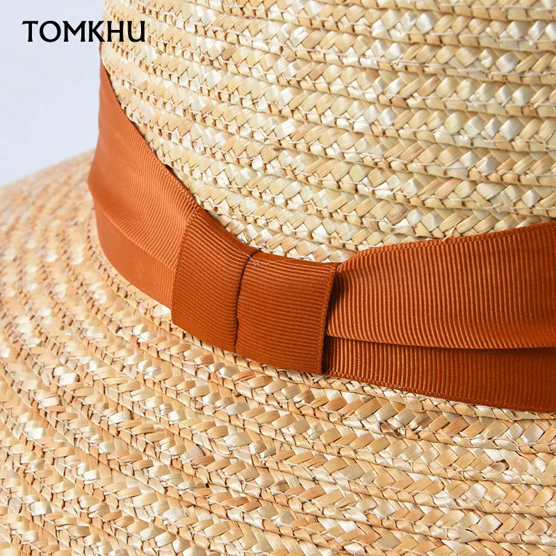 Wide Brim Boater Sun Hat Straw Hat Flat Women Summer Kentucky Derby Hat Orange Black Ribbon Tie Sun Hat Beach Casual Cap Handmad