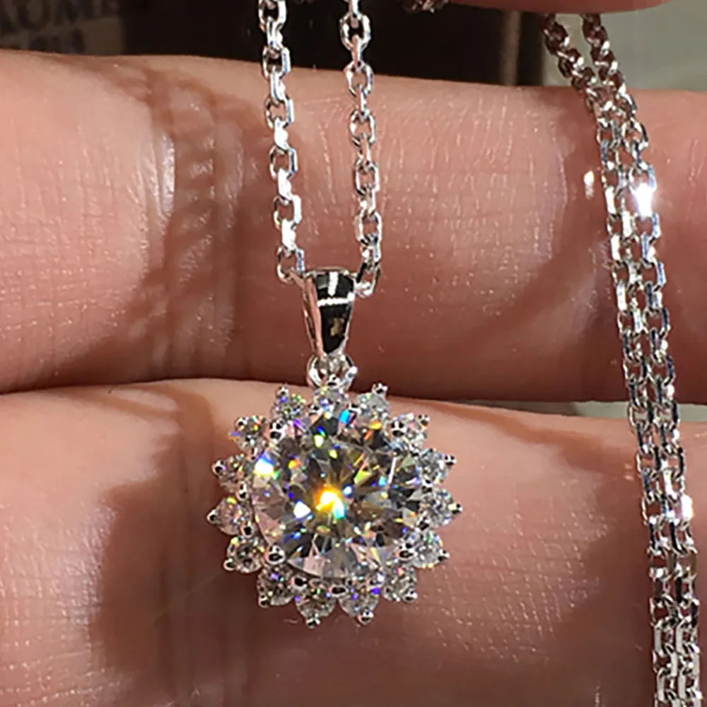 

Custom Solid 18K White Gold Women Pendants Necklaces Moissanite Diamond 0.5 1 2 3 4 5 Carat Round Sunflower Wedding Engagement