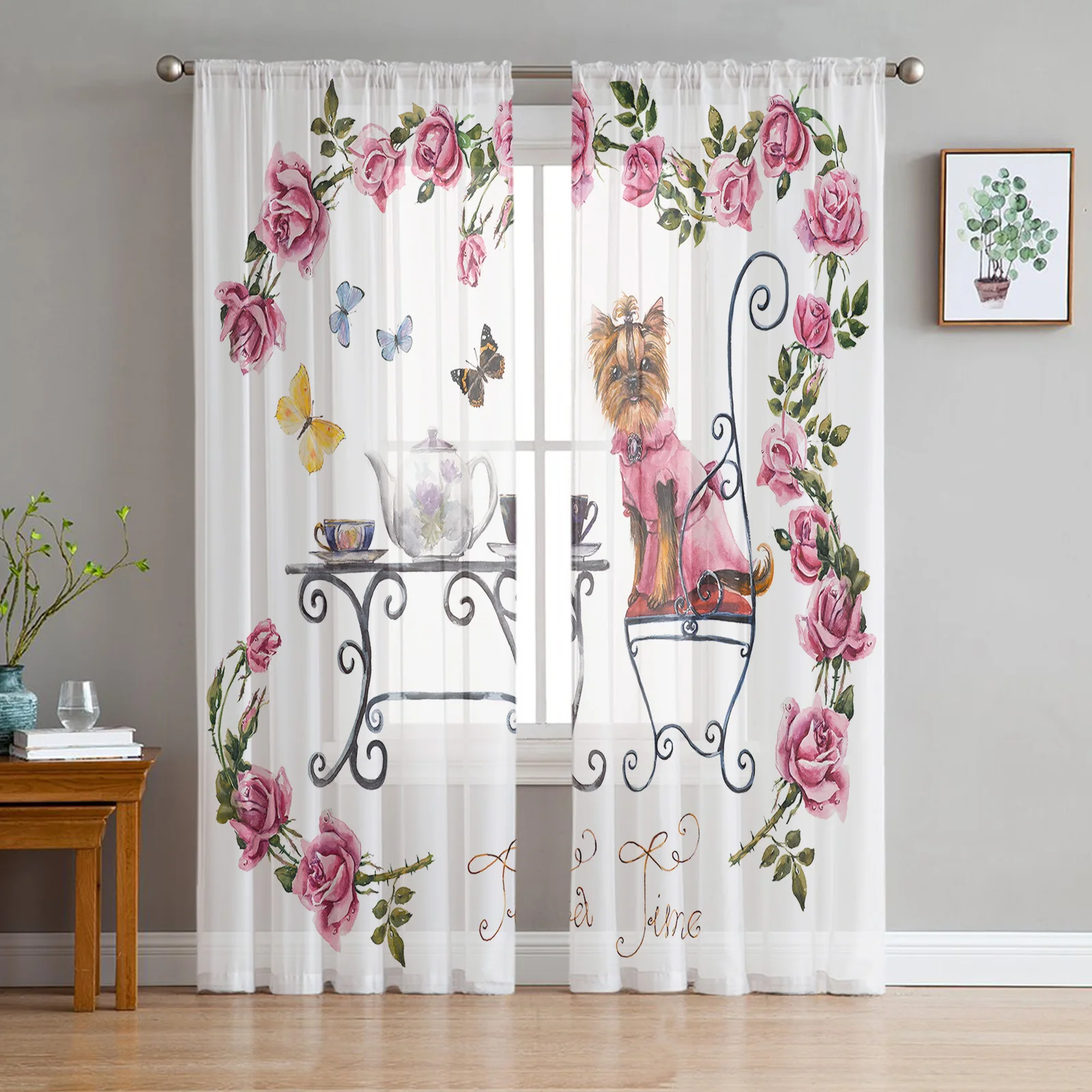 

Dog Pink Rose Sheer Curtain for Bedroom Tulle Voile Curtain for Kitchen Living Room Decor Window Treatment