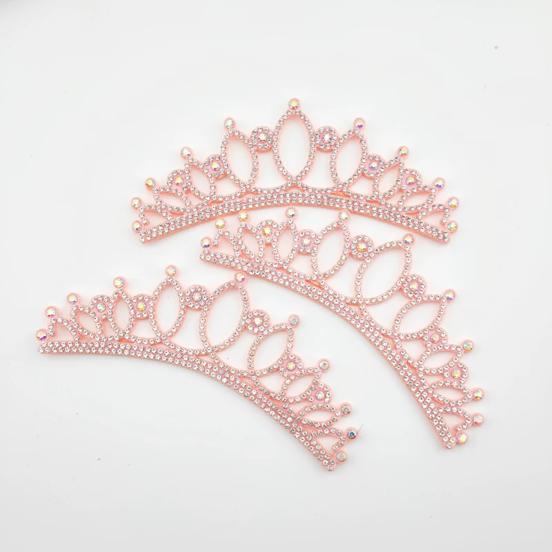 13.5*4.5CM Princess Rhinestone Pink Crown Applique For Craft Wedding Clothing Decor Patch DIY Headwear Hair Clip Accessories