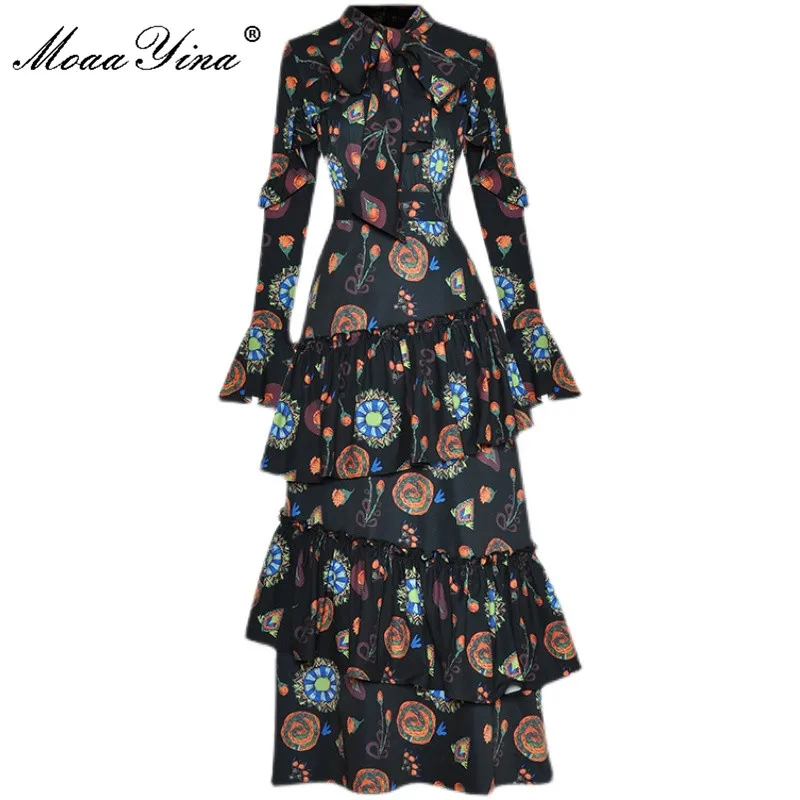 MoaaYina Fashion Designer Autumn Dress Women Bow Collar Flare Sleeve Cascading Ruffle Floral Print Vintage Party Dress