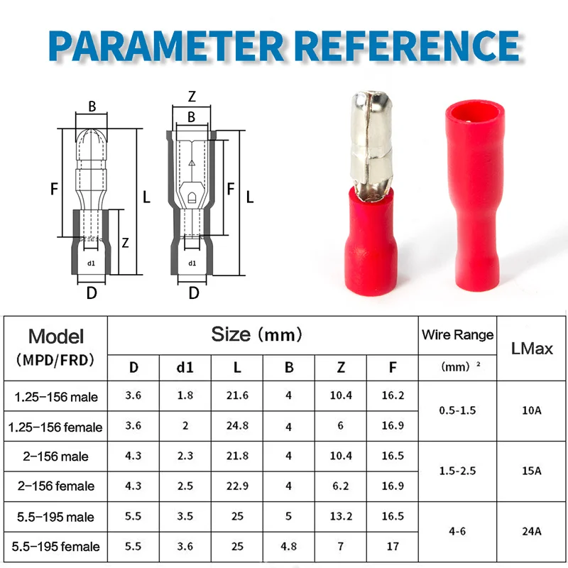 100/200pcs bullet type Insulated Electrical Connector，Crimp Terminals，Male Female Wire Connector FRD MPD 1.25-156 5 color mix