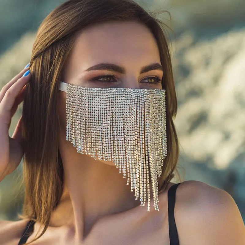 Mascarilla facial con borlas de diamantes de imitación para mujer, máscara con flecos de cristal largos, diseño de moda Vintage, regalo de joyería