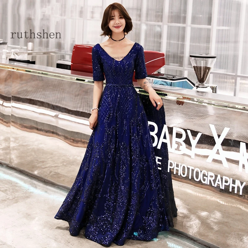 

Prom Dress 2023 Shining Royal Blue Red Formal Dresses Sequins V-neck Half Sleeves Long Party Gown