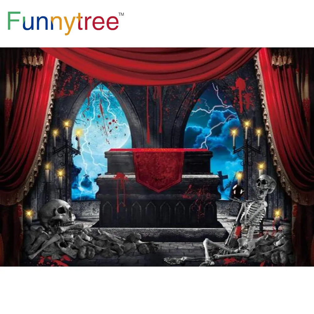 Funnytree Halloween Theme Backdrop Skeleton Moon Lightning Coffin Candle Cross Red Curtain Dark Clouds Decoration Background