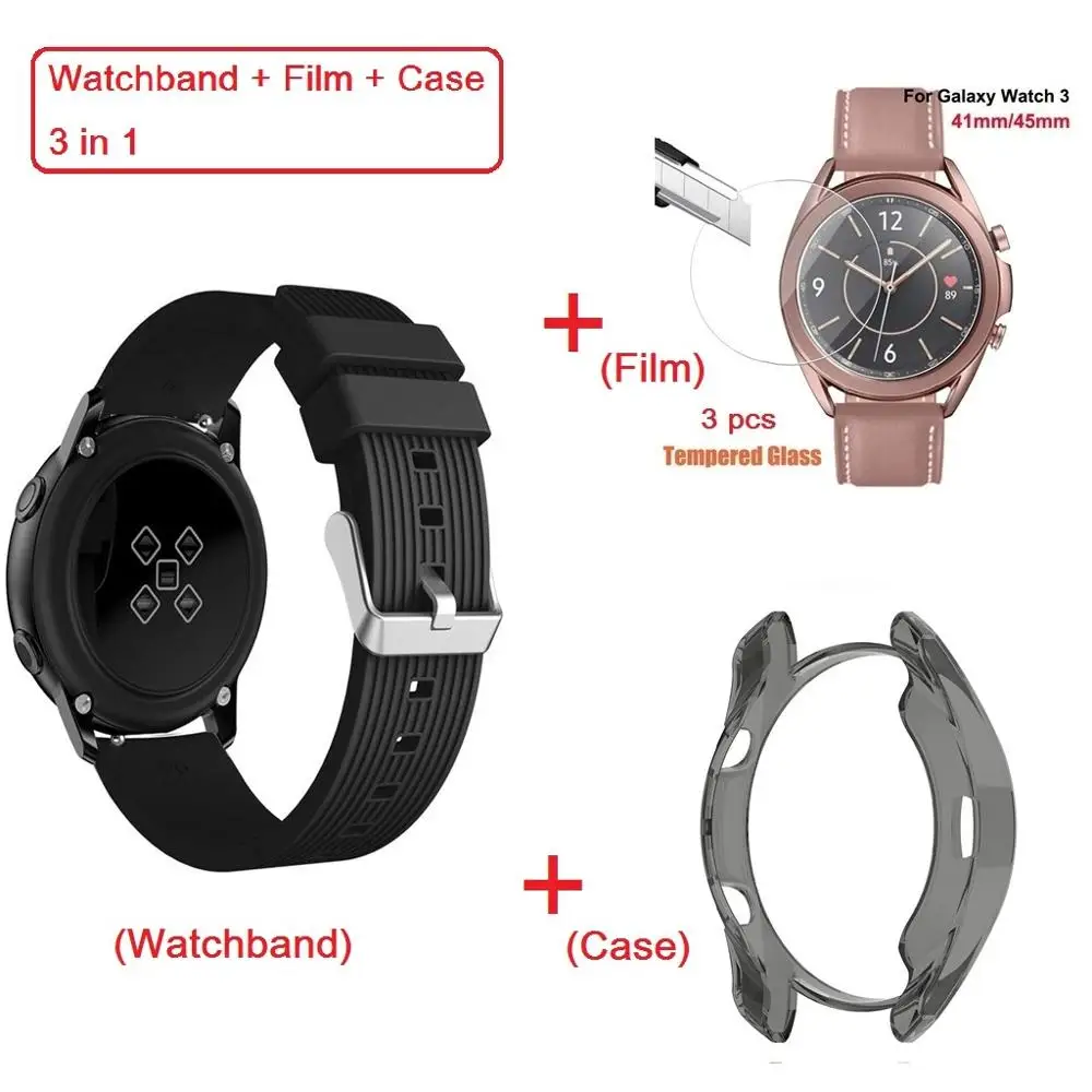 Case Film Watchband For Samsung Galaxy Watch 3 41mm 45mm Screen Protector cover Tempered Glass Film Silicone Bracelet Strap 3in1