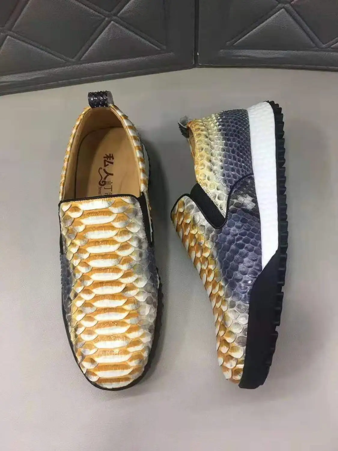 Real Genuine python skin leather men fashion shoe sneaker flat leisure shoe with cow lining gold color