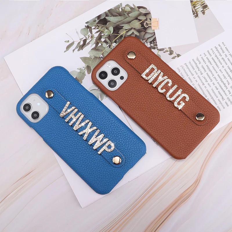 Real Leather Cowhide  Custom Name Phone Case For iPhone15 14 14ProMax 14Plus 13Promax 13 12 11 Diamond Metal Letters Cover Coque