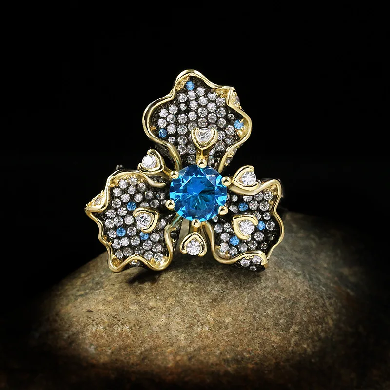 Elegant Temperament Three Petal Flower Ring Blue Zircon Luxury Jewelry Ladies Ring 925 Silver Black Gold Jewelry Women Rings