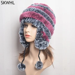 Winter Fur Caps Hats Beanies For Women Sew Stripes Real Rex Rabbit Fur Hat Cap Female Soft Warm Natural Fur Beanies Ladies