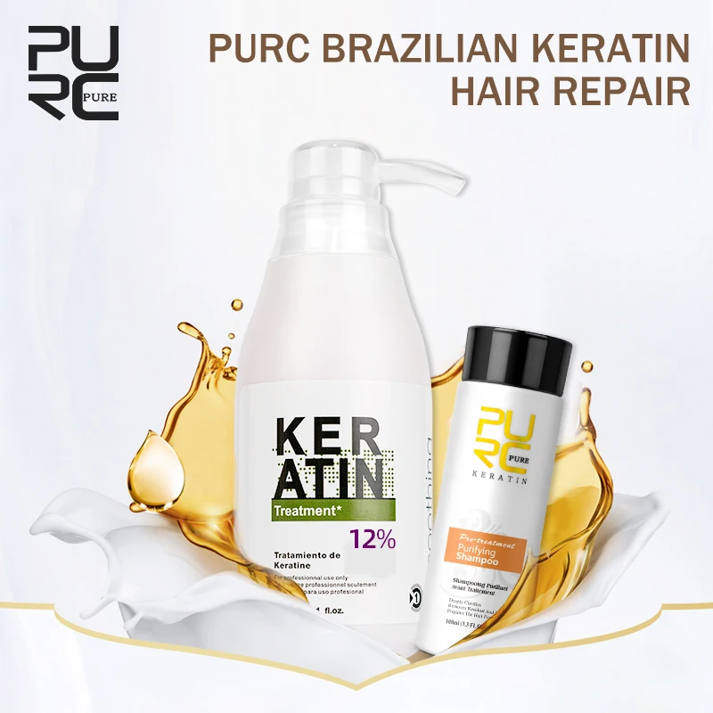 PURC Brazilian Keratin 12% Formalin 300ml Keratin Treatment&100ml Purifying Shampoo Hair Straightening Hair Treatment Set