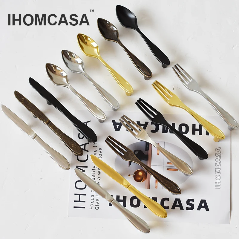 IHOMCASA Creative Cutlery Handle Black Golden Pulls Knob Knife Ror Wardrobe Cupboard Cabinet Door Furniture Knobs 76mm Handles