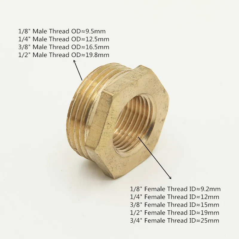 Brass Hex Bushing Reducer Pipe Fitting 1/8 1/4 3/8 1/2 3/4 Threaded Reducing Copper Water Gas Adapter Coupler Connector