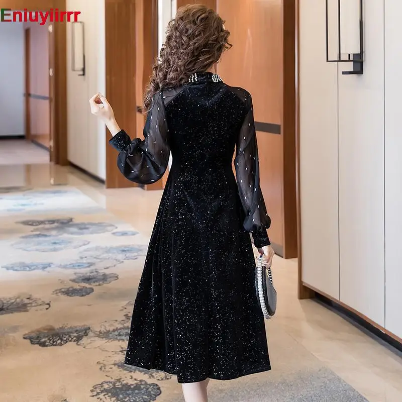 Women 2022 New Year Winter Spring Basic Wear Sexy Sheer Mesh French Black Long Elegant Party Beaded Bling Velvet Dress 5869