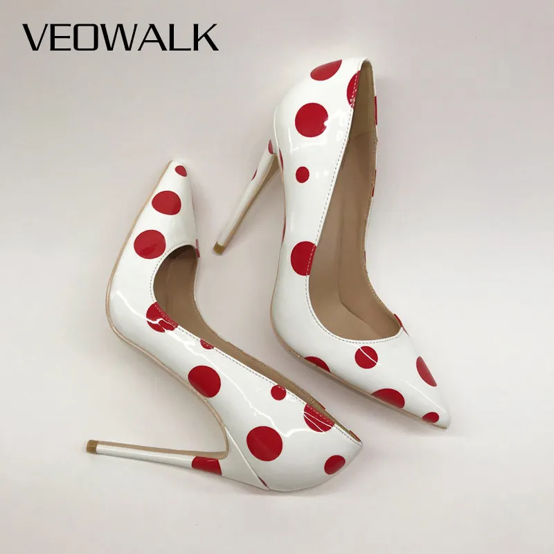 Veowalk Red Polka Dot Women Patent Leather Pointy Toe Stiletto High Heels Chic OL Ladies Slip On Pumps Printed Party Shoes White