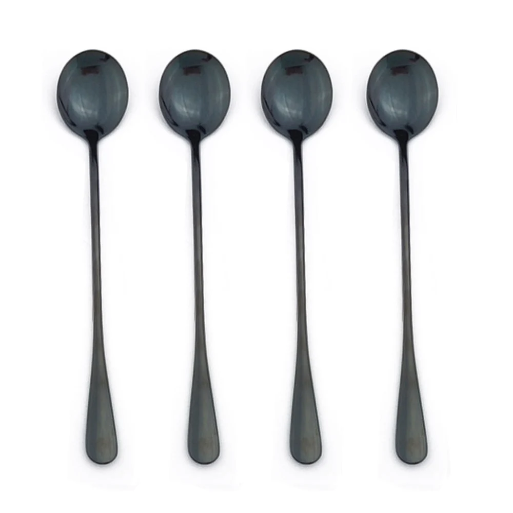 4Pcs Black Long Handle Tea Spoons Juice Stirring Cutlery Stainless Steel Coffee Spoon Drinking Flatware Kitchen Drop Shipping