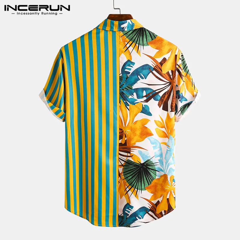 Fashion Men Hawaiian Shirt Short Sleeve Streetwear Print Striped Patchwork Summer Chic Blouse 2023 Beach Camisas INCERUN S-5XL