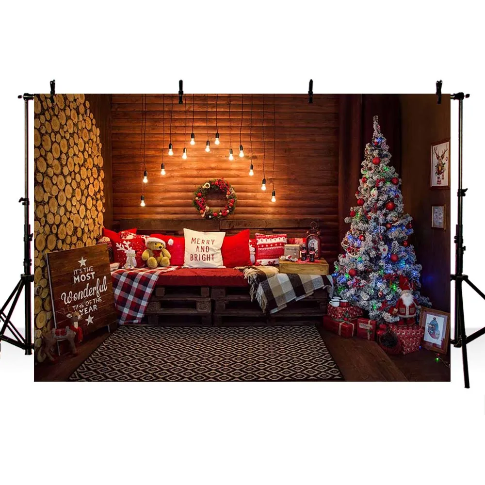 Avezano Merry Christmas Background For Photography Winter Wood Wall Bright Light Bed Family Portrait Background Photo Studio Decor