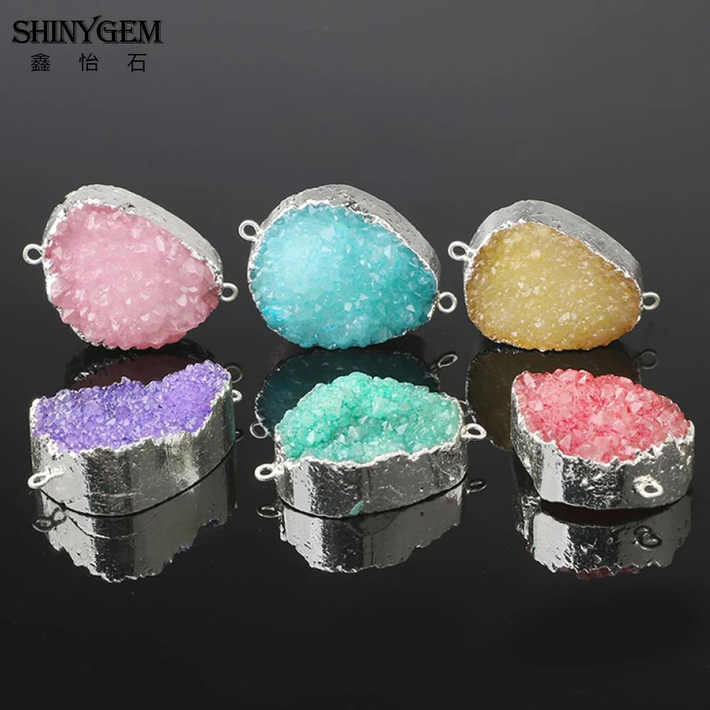 ShinyGem Irregular 30-35mm Silver Plating Natural Crystal Druzy Connectors Charms Geode Connector Stone For DIY Jewelry Making