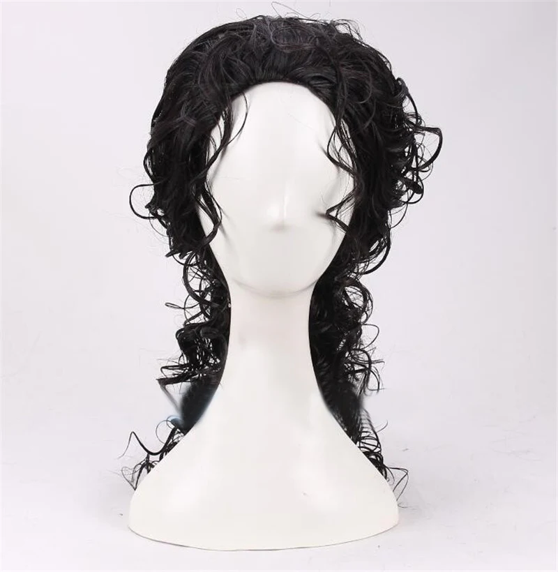 Michael Jackson Cosplay Black Wig Michael Role Play Medium Long Curly Black Hair Pigtail Wig Halloween Cos Wigs + a wig cap