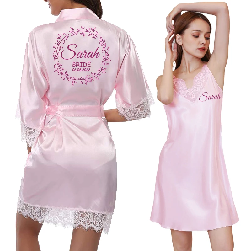 Personalized Date Name Lace Pajamas Set Women Wedding Bride Bridesmaid Robes Gown Bridal Party Gifts Wedding Pajamas set