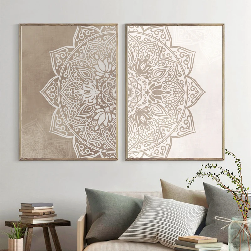 Original Beige Taupe Mandala Wall Art Canvas Painting Boho Style Neutral Color Pictures Bohemia Posters Living Room Home Decor