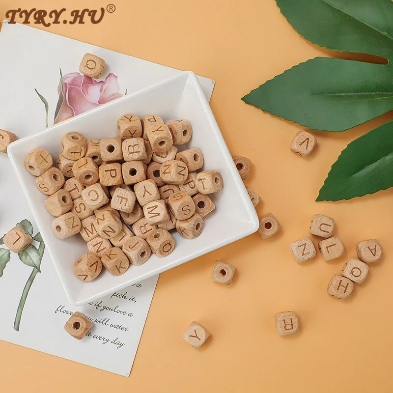 TYRY.HU 26pcs Full Set Wooden Alphabet Letter Beads Natural Wood 12mm Loose Beads For Making Baby Pacifier Chain DIY Accessories