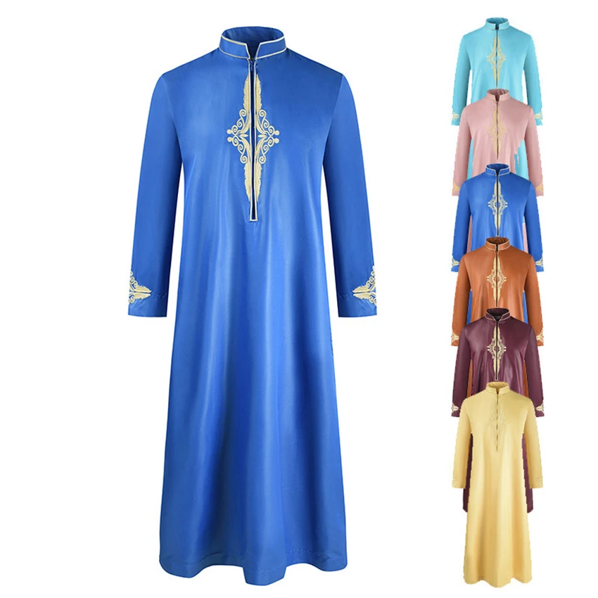 Muslim Dubai Abaya Ramadan Embroidery Solid Color Vintage Men Long Robe Turkey Indian Fashion Stand-up Collar Islamic Clothing