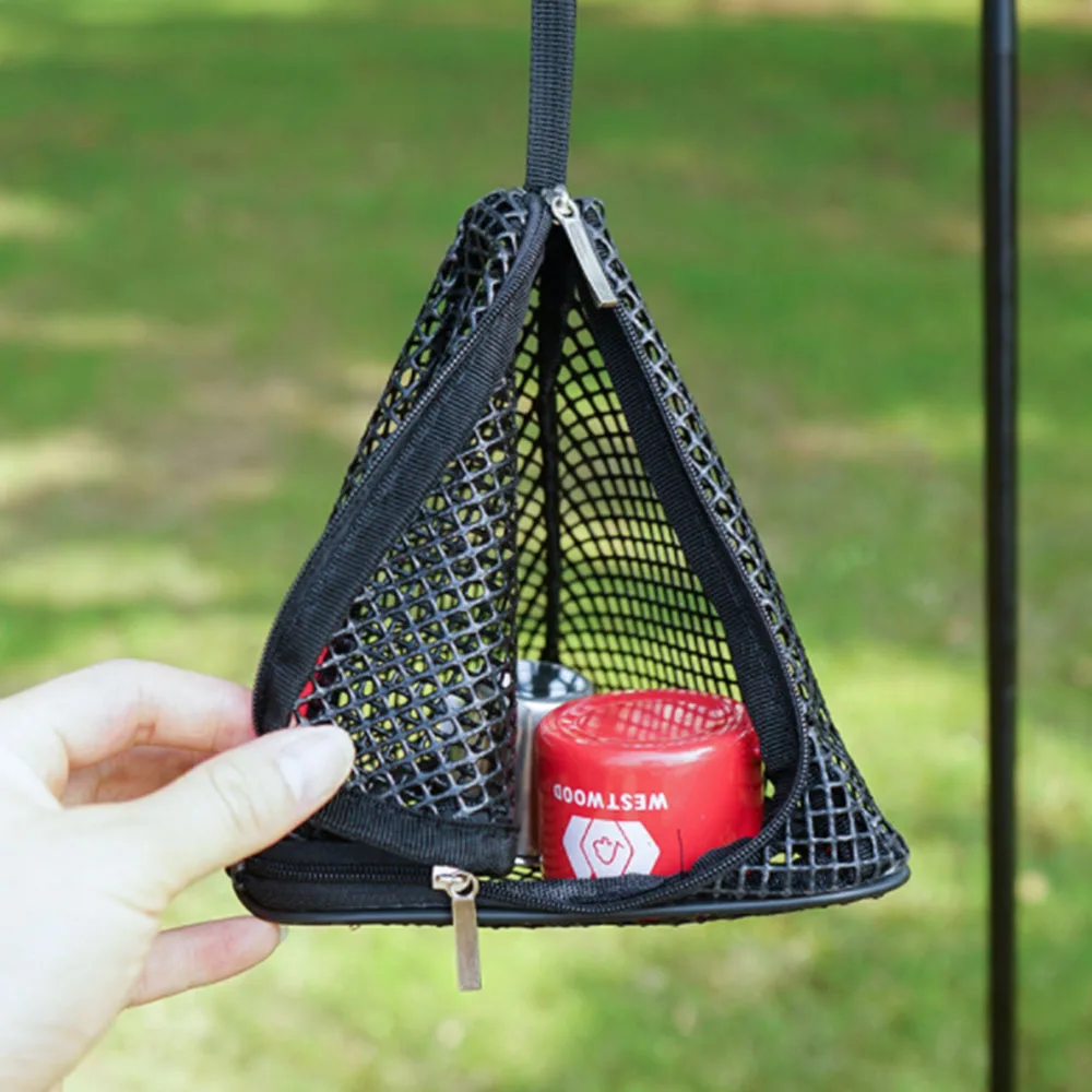 Outdoor Storage Net Bag Triangular Drying Hanging Foldable Net Basket with Double Zippers