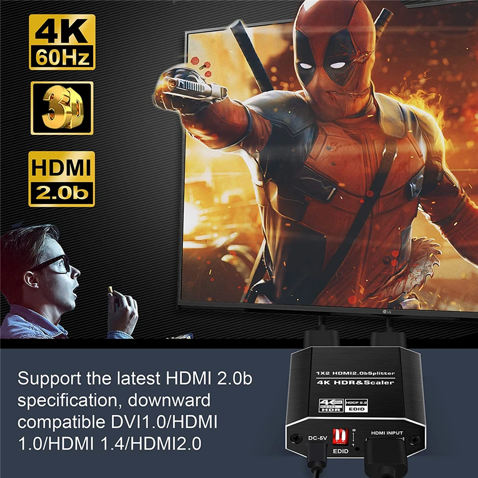 Navceker 1 Duplicate to 2 HDMI Displays 4K@60Hz HDMI Splitter 1 in 2 Out with Scalar High Speed HDMI Cable Support HDCP 2.2