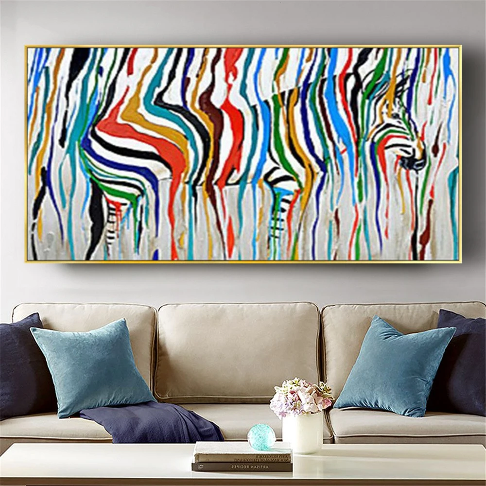 Hand-Painted Modern Abstract Zebra Oil Painting Rainbow Color Animal Canvas Poster Decor Home Wall Art Picture Children's Gifts