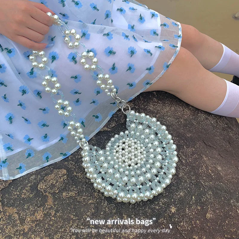 Sweet Round Cake Pearl DIY Material Bag Beaded Bag Hand Woven Bag Female Summer Single Shoulder Armpit Semi-circular Bag