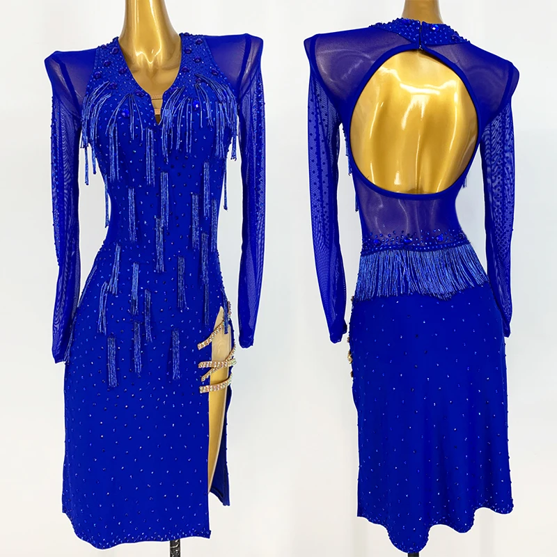 High End Latin Dance Dress Royal Blue Fringed Latin Competition Clothing Samba Rumba Performance Wear Tailored Size Dress BL7401