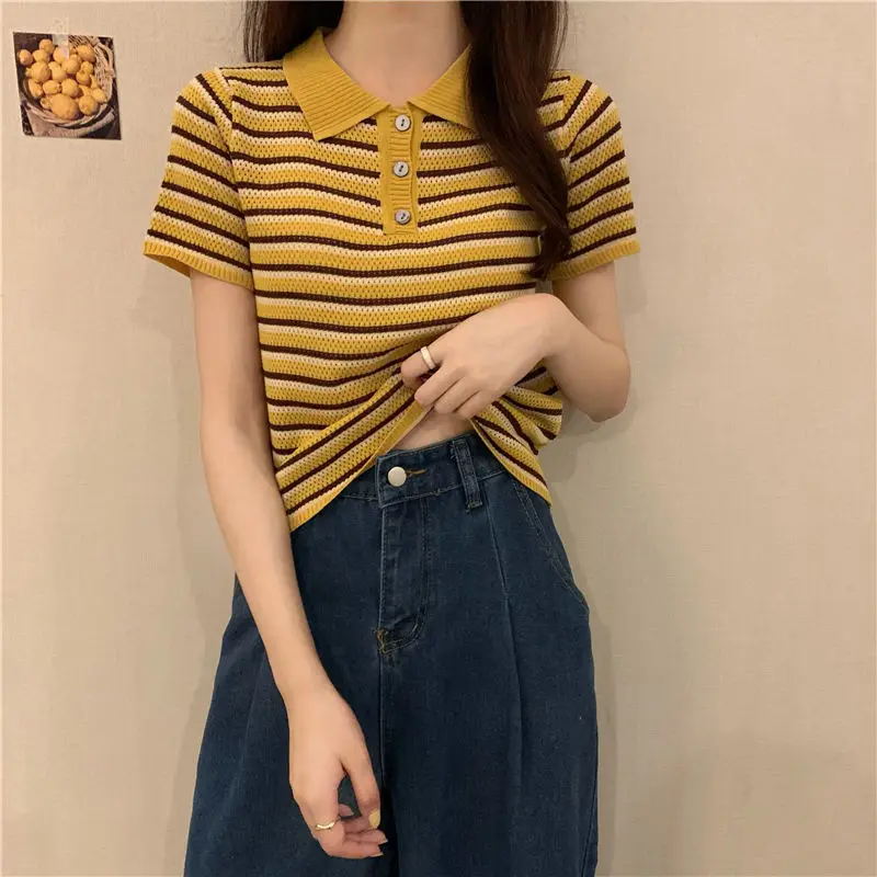 

Женские футболки, топ, летний женский полосатый трикотажный укороченный топ с коротким рукавом 2021, женские футболки