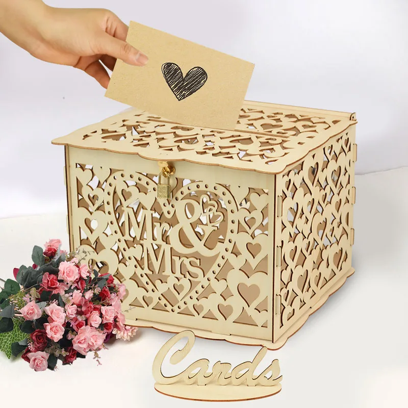 Wedding Card Box with Lock DIY Rustic Wedding Card Sign Wooden Gift Card Box Money Box for Wedding Anniversary Party Decorations