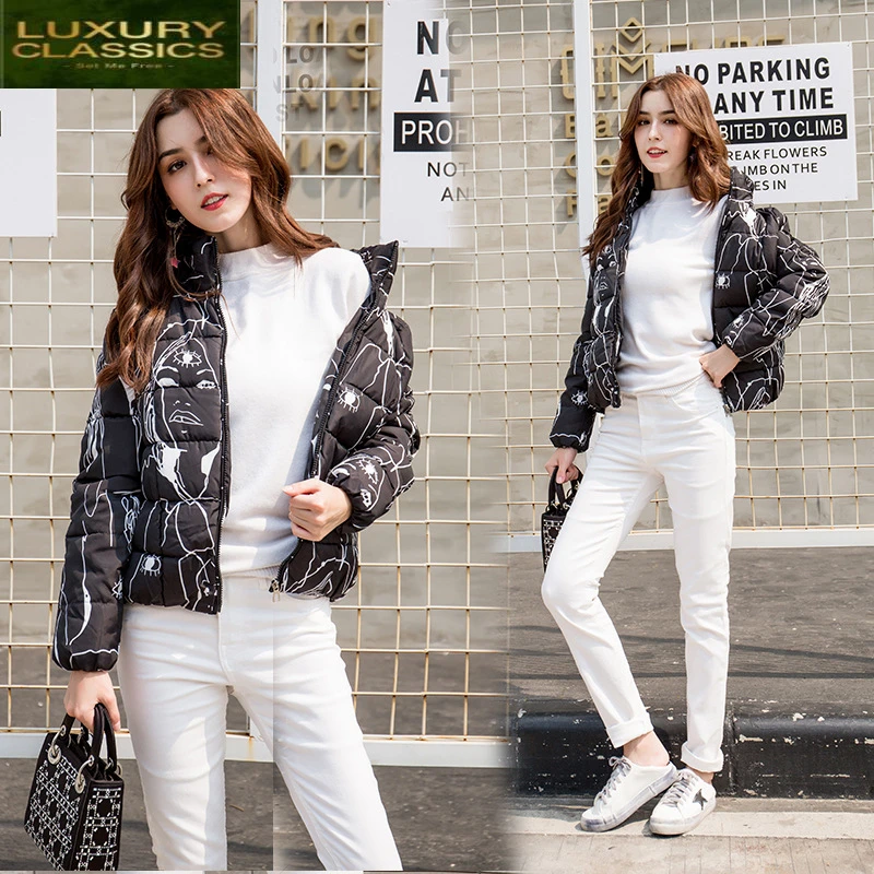 

Coat 2021 Female Winter Fashion Clothing Women's Warm Print Jacket Down Cotton Jackets Office Ladies Short Coats 1500009