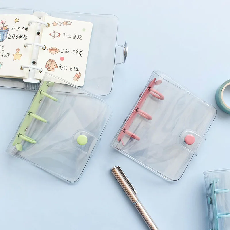 Mini conta de mão transparente em pvc, conjunto de folhas soltas com três buracos portátil de estudantes papel adorável