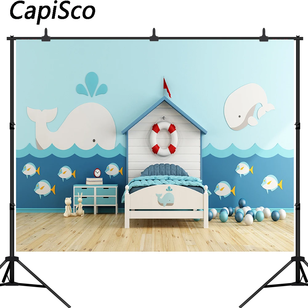 Capiscoการ์ตูนNauticalสไตล์วันเกิดWhale Seaพื้นหลังไม้เด็กเด็กภาพPhotoshoot Props