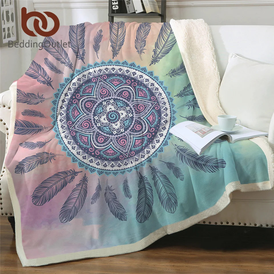 BeddingOutlet Mandala Boho Throw Blanket Dreamcatcher Bohemian Sherpa Fleece Blanket Plush Bedding Pink Blue Blanket for Beds